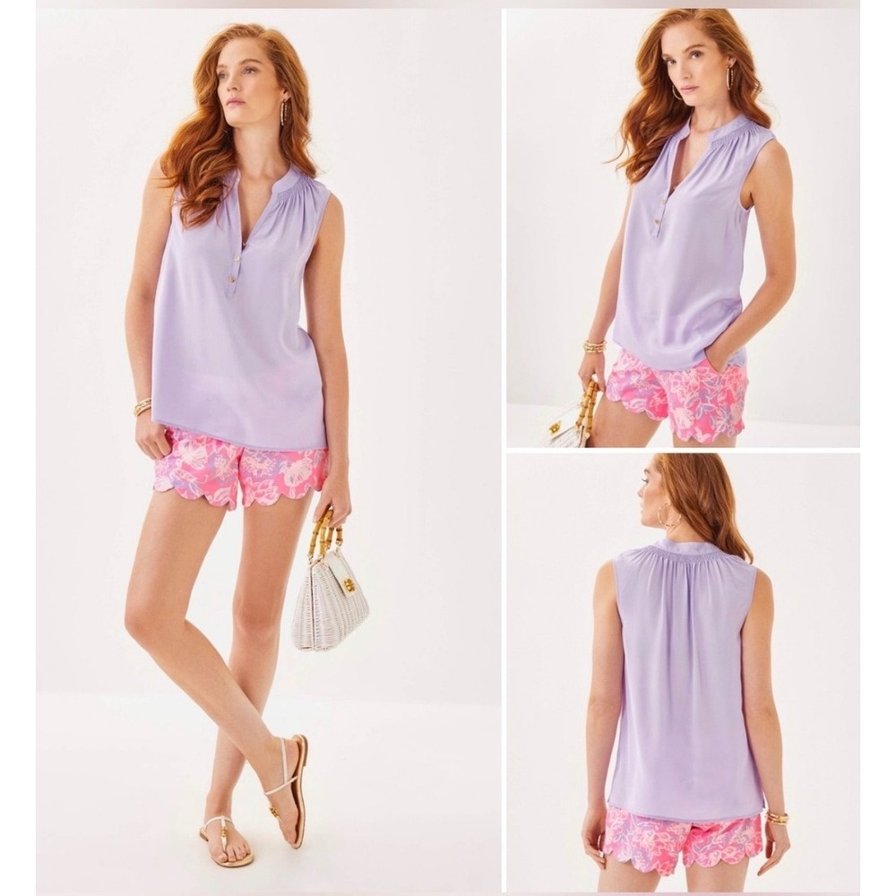 Lilly Pulitzer Sleeveless Elsa Top Large Purple NEW Silk Smocked V-Neck Blouse